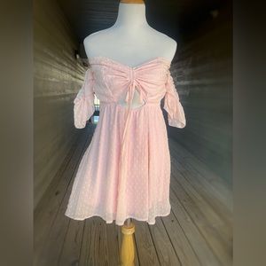 Pink Off Shoulder Cut Out Ruched Cut Out Swiss Dot Shirred Sexy Dress XL PROM